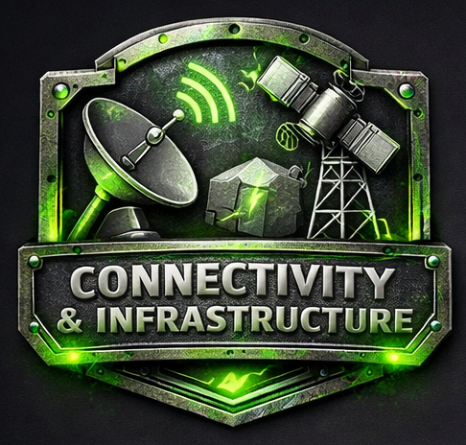 Network tower and satellite dish connecting a remote site via microwave and fibre links